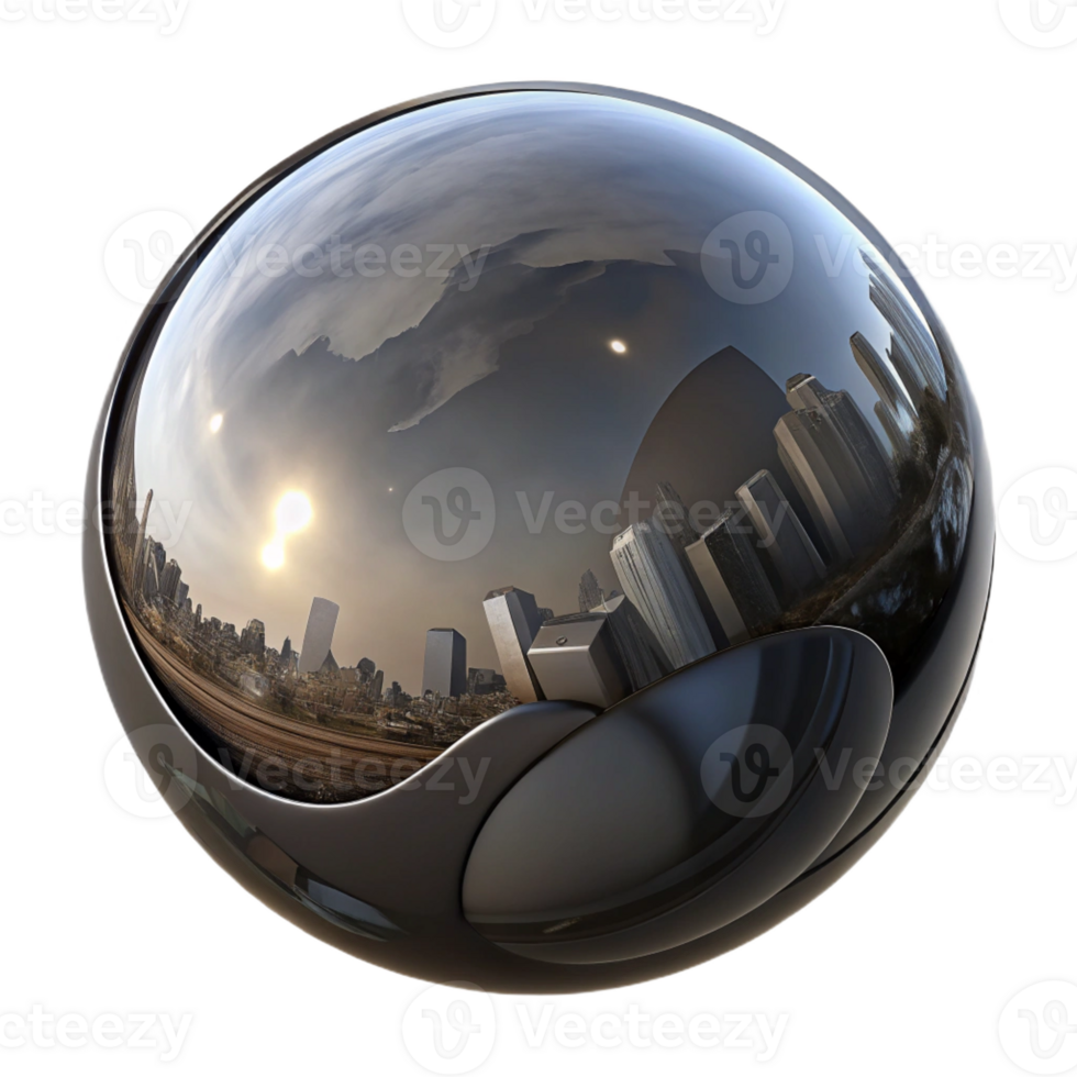 extraordinary artistic A single, perfect sphere of polished obsidian, reflecting a distorted cityscape, with dramatic, Rembrandt-style lighting original png