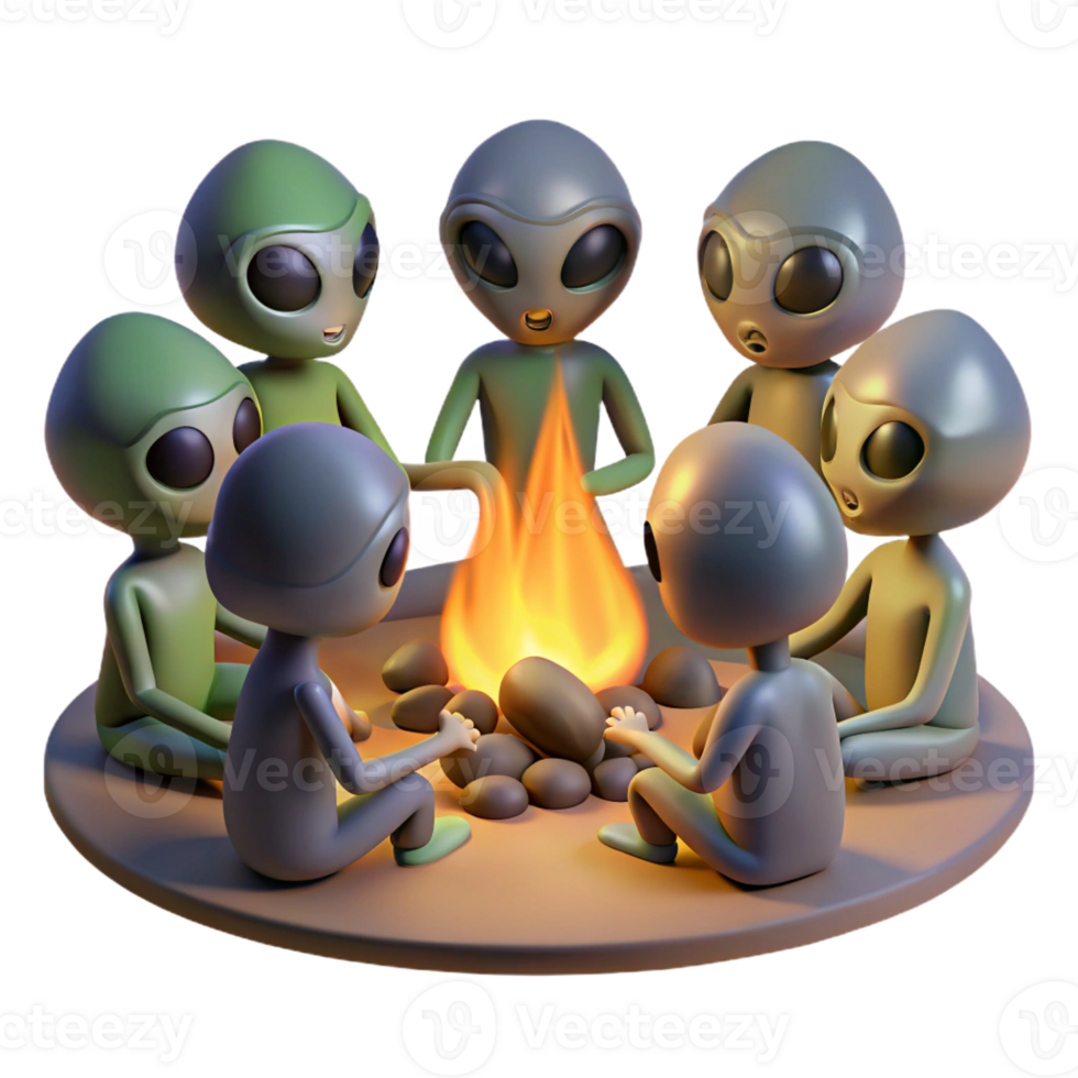 stunning minimalist A group of aliens gathered around a campfire, warm, firelight, tribal style high quality png