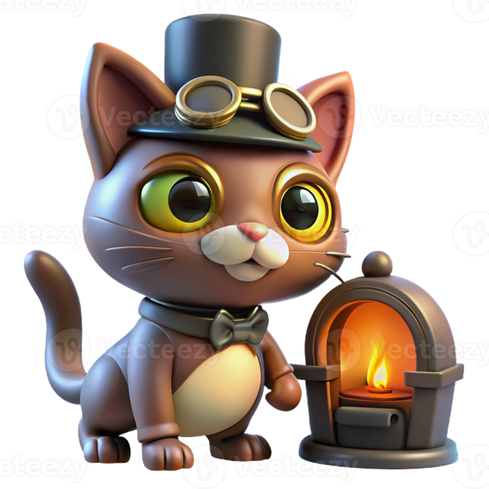stunning abstract A steampunk cat, wearing goggles and a tiny top hat, illuminated by the warm light of a fireplace. Cozy lighting, cartoon style professional png