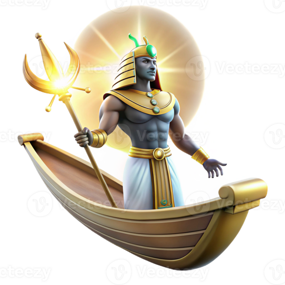 dramatic rustic A powerful Egyptian god Ra sailing across the sky in his solar barque, ancient Egyptian papyrus style, bright lighting, 4K png