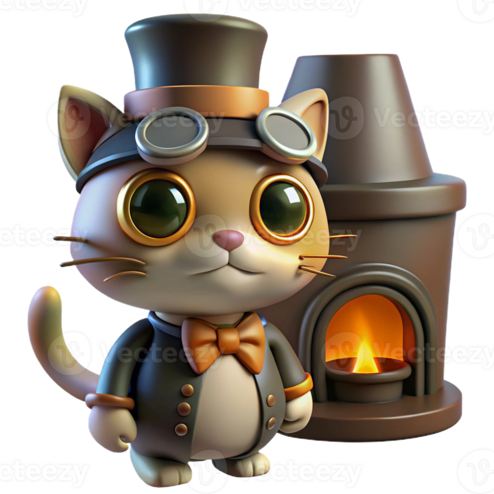 serene contemporary A steampunk cat, wearing goggles and a tiny top hat, illuminated by the warm light of a fireplace. Cozy lighting, cartoon style high quality png