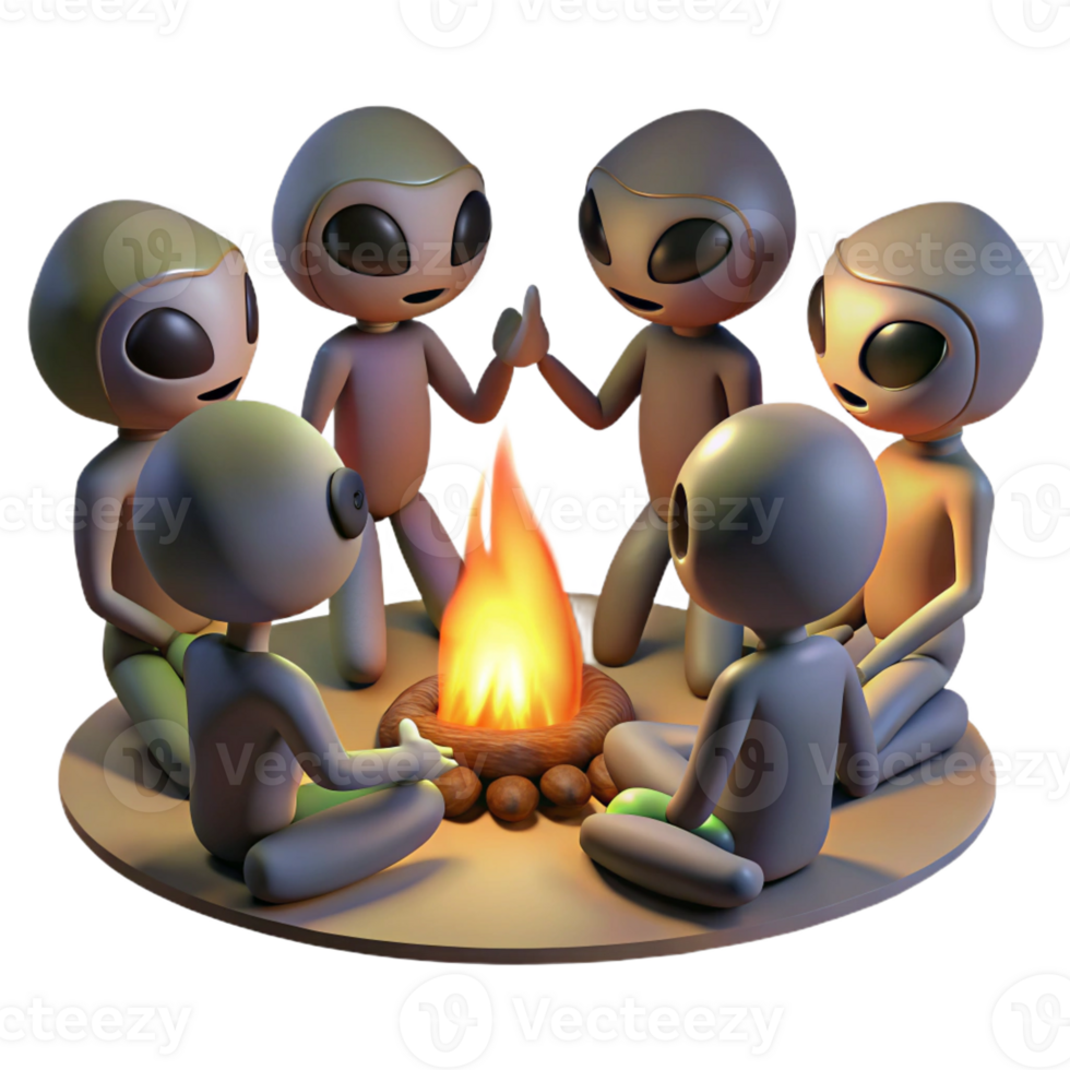 elegant modern A group of aliens gathered around a campfire, warm, firelight, tribal style high resolution png
