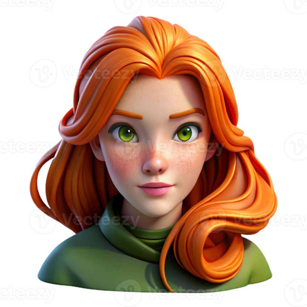 wonderful contemporary Portrait of a young woman with flowing fiery red hair, freckles, and emerald green eyes, lit by warm golden hour sunlight, Pre-Raphaelite style premium png