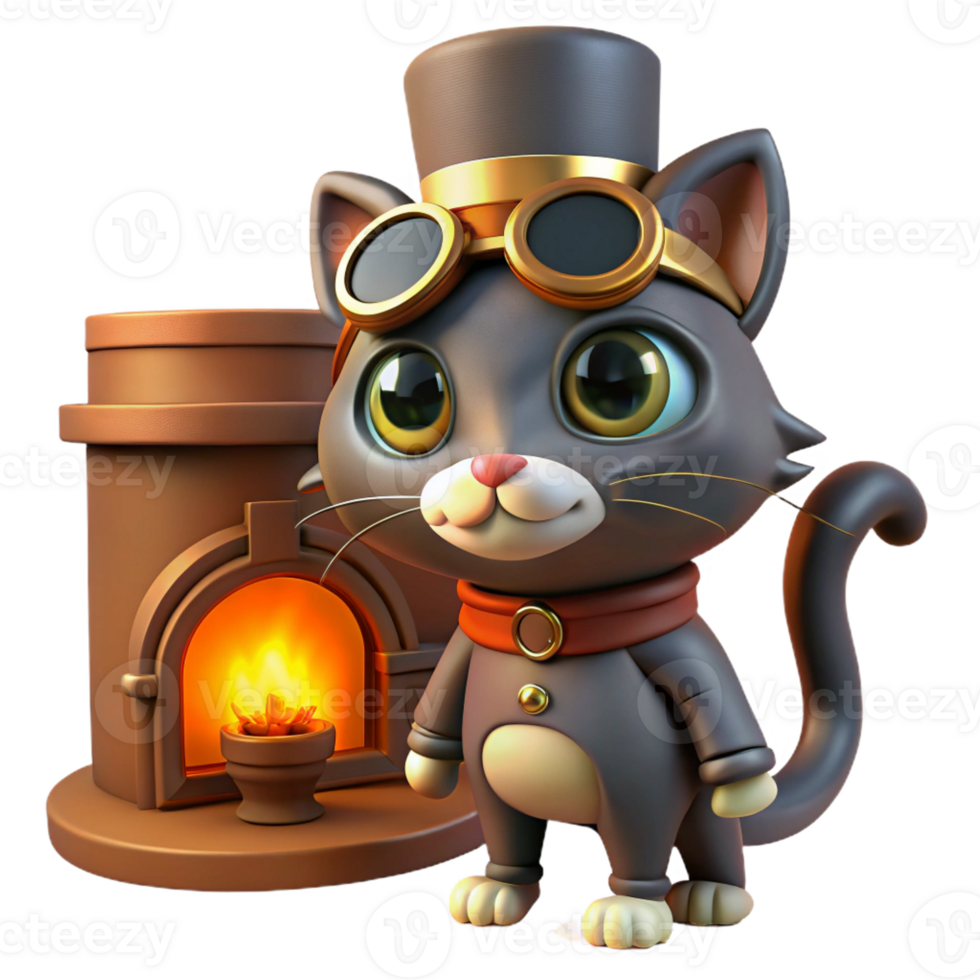 serene creative A steampunk cat, wearing goggles and a tiny top hat, illuminated by the warm light of a fireplace. Cozy lighting, cartoon style genuine png