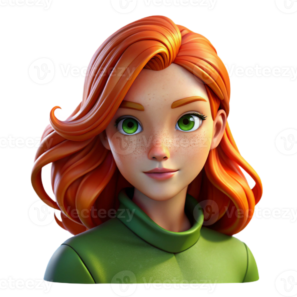 elegant vintage Portrait of a young woman with flowing fiery red hair, freckles, and emerald green eyes, lit by warm golden hour sunlight, Pre-Raphaelite style detailed png