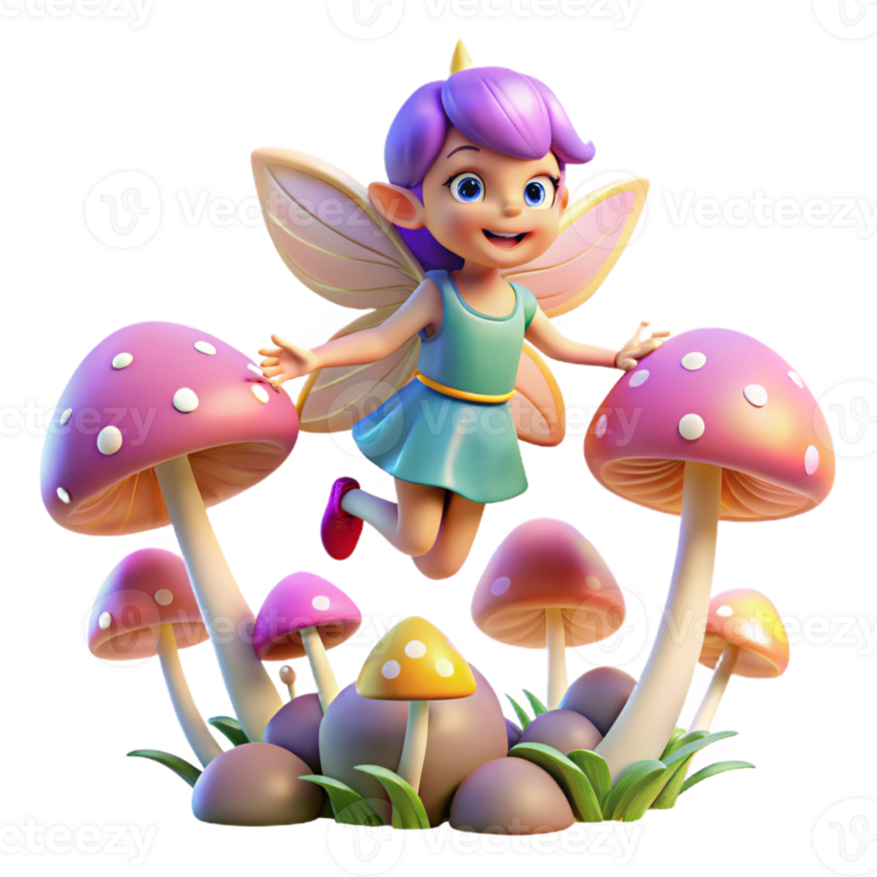elegant vintage A mischievous pixie with iridescent wings hovering over a field of glowing mushrooms, soft focus, children's book illustration high quality png