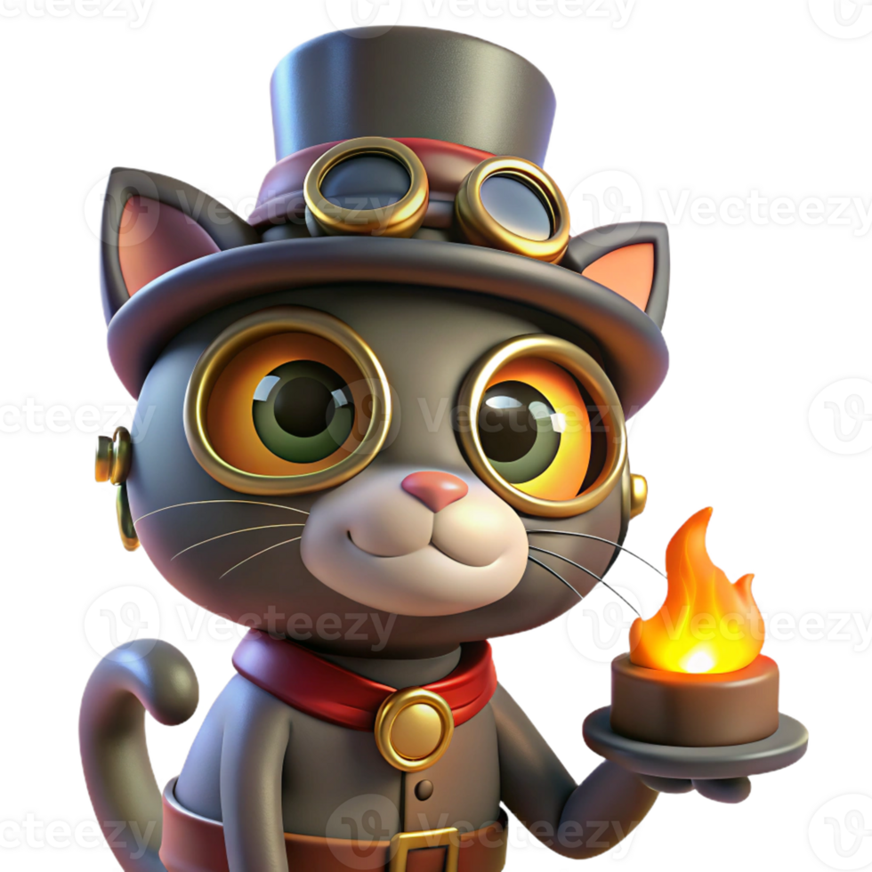beautiful classic A steampunk cat, wearing goggles and a tiny top hat, illuminated by the warm light of a fireplace. Cozy lighting, cartoon style 4K png