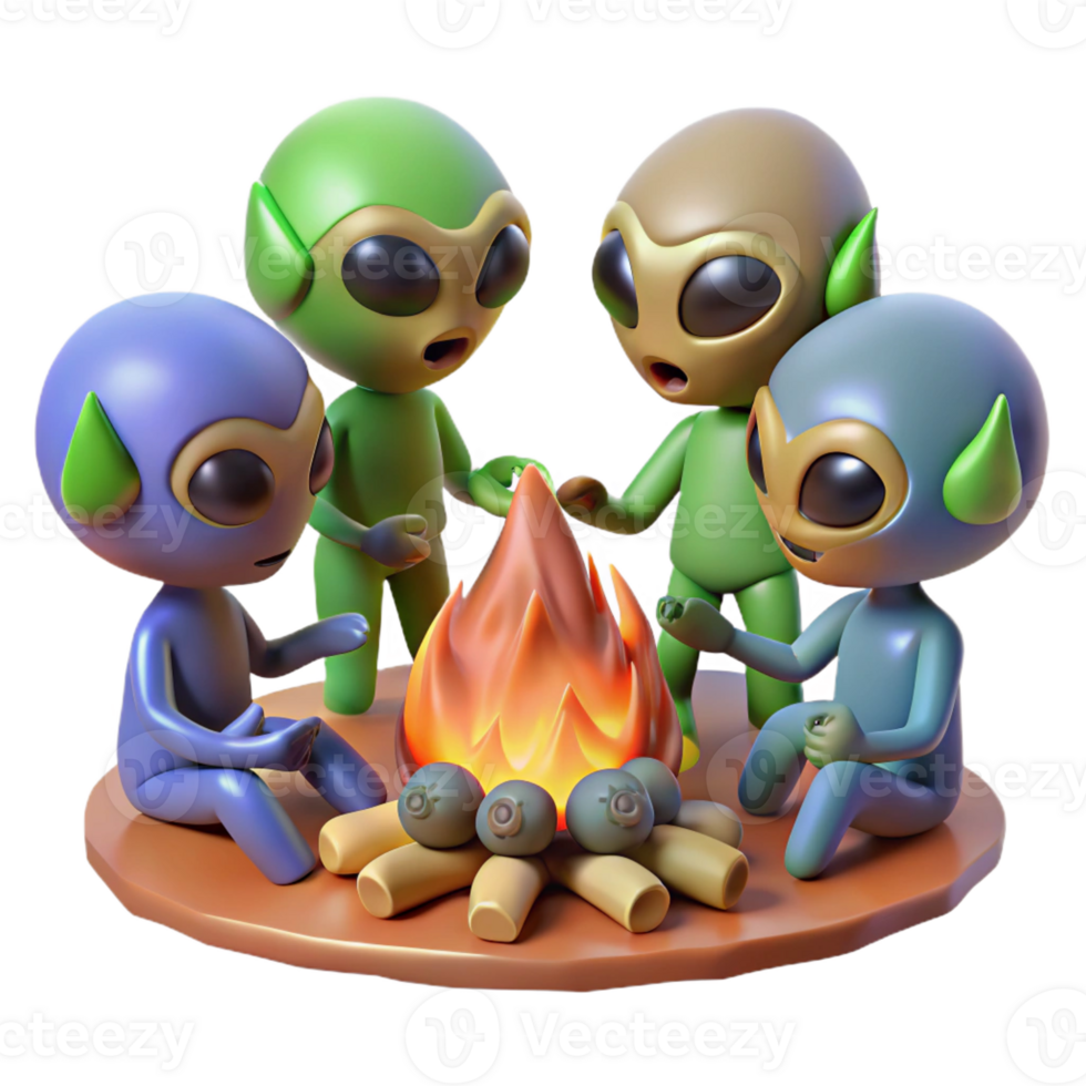 vibrant traditional A group of aliens gathered around a campfire, warm, firelight, tribal style professional png