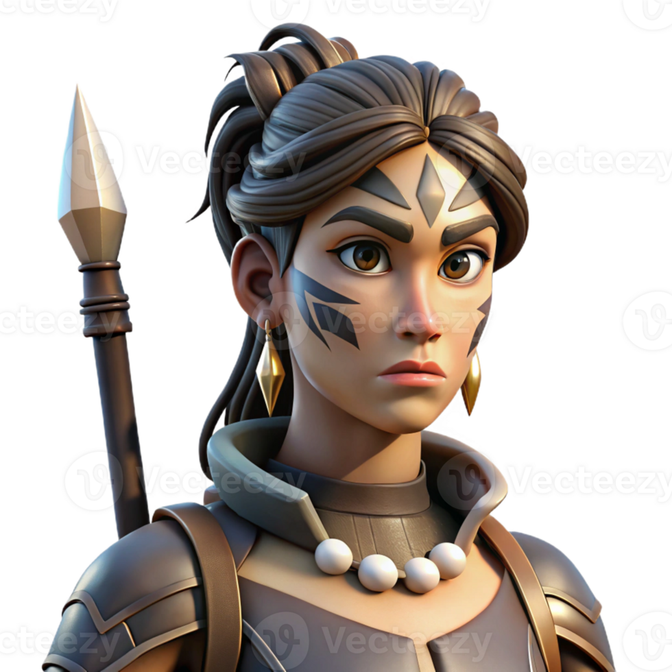stunning minimalist Portrait of a female warrior with tribal face paint, holding a spear, intense gaze, chiaroscuro lighting, realistic style, premium png