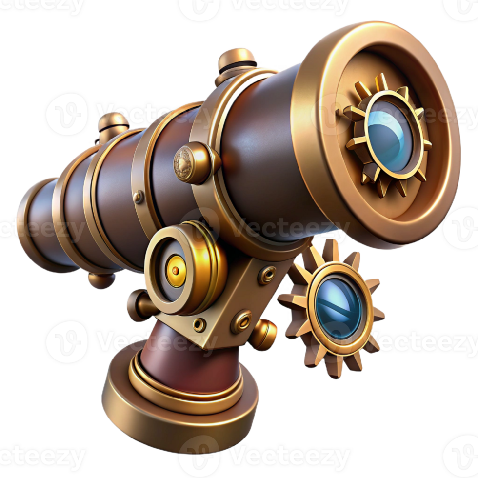 serene modern A close-up of a steampunk telescope with intricate gears and lenses, highly detailed, dramatic lighting professional png