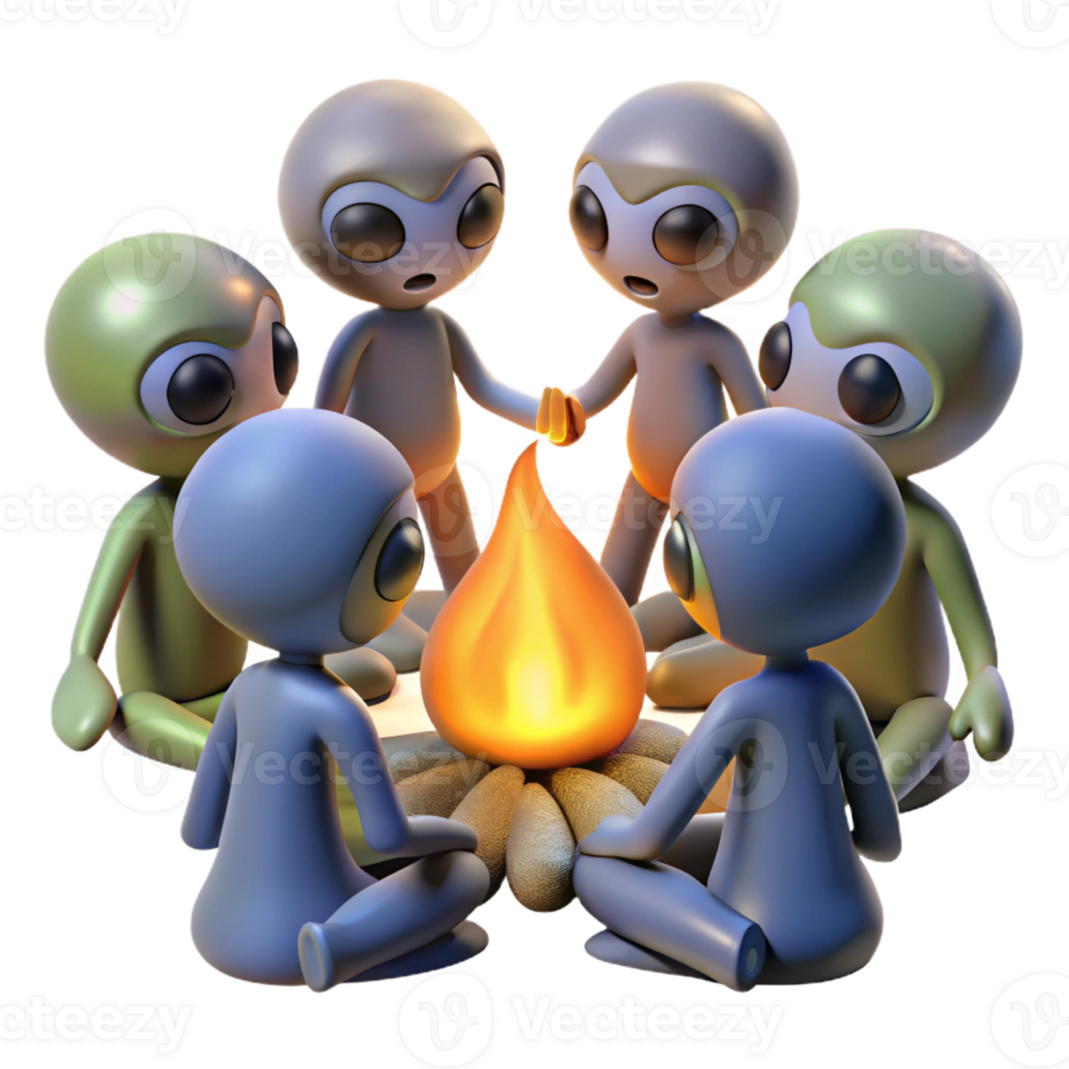 serene contemporary A group of aliens gathered around a campfire, warm, firelight, tribal style genuine png
