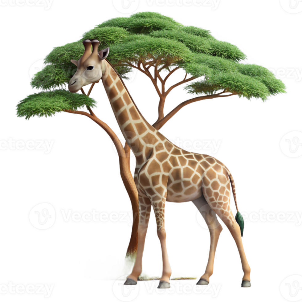 serene traditional A graceful giraffe reaching for the leaves of a tall acacia tree, its long neck elegantly curved, in a realistic wildlife painting style professional png