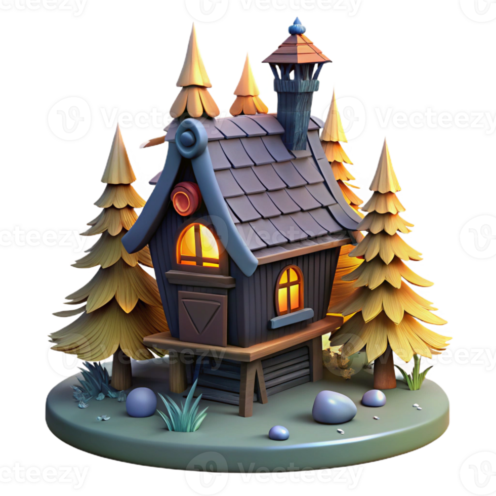 serene vintage A terrifying Slavic Baba Yaga's hut standing on chicken legs, surrounded by a dark forest, fairytale illustration style, low lighting, genuine png