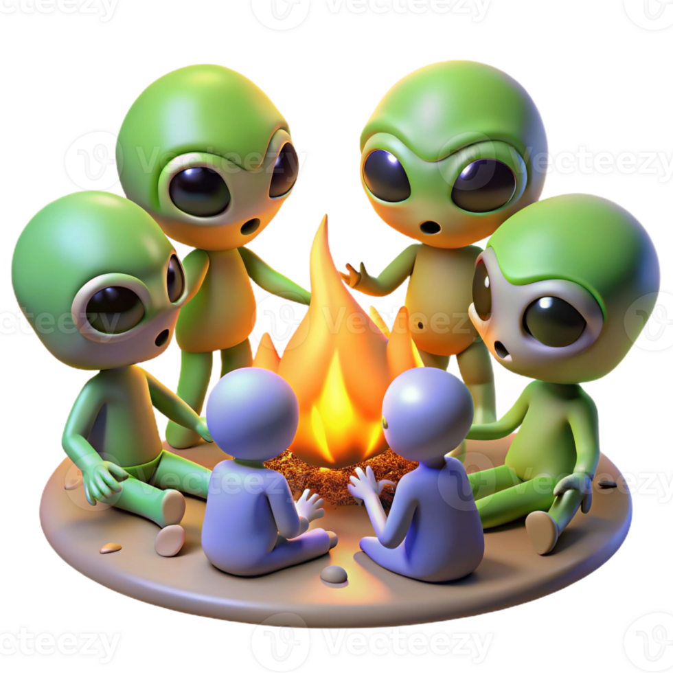stunning creative A group of aliens gathered around a campfire, warm, firelight, tribal style 4K png