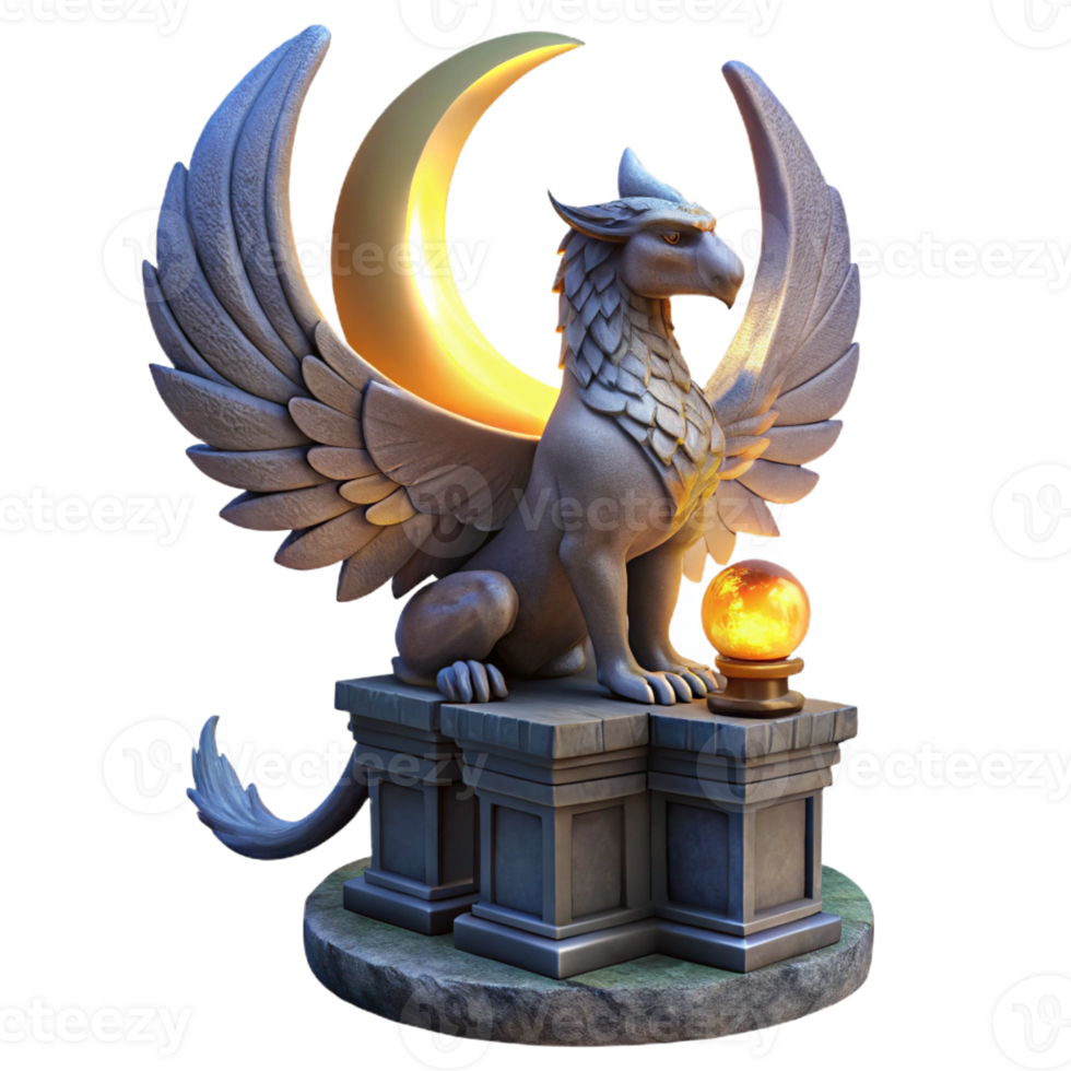 wonderful abstract A majestic griffin perched atop a crumbling obsidian tower, illuminated by the ethereal glow of a triple moon, art nouveau style high resolution png