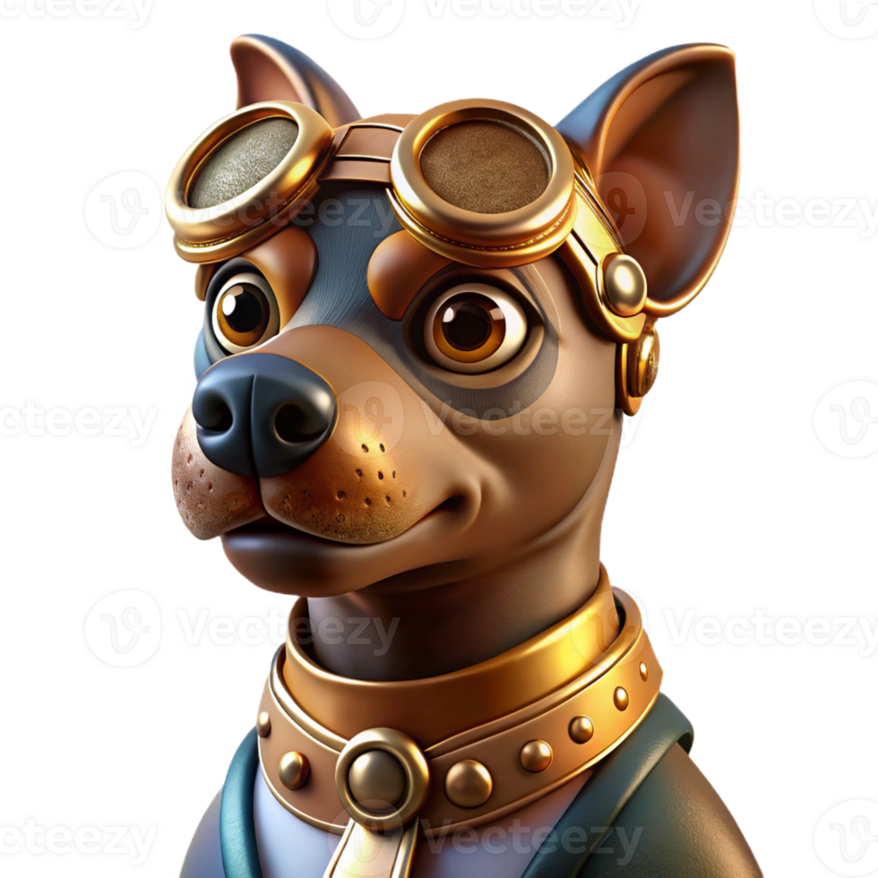 dramatic classic A portrait of a steampunk dog wearing a tiny brass collar and goggles, intricate clockwork mechanisms visible in its paws, warm, inviting lighting exclusive png