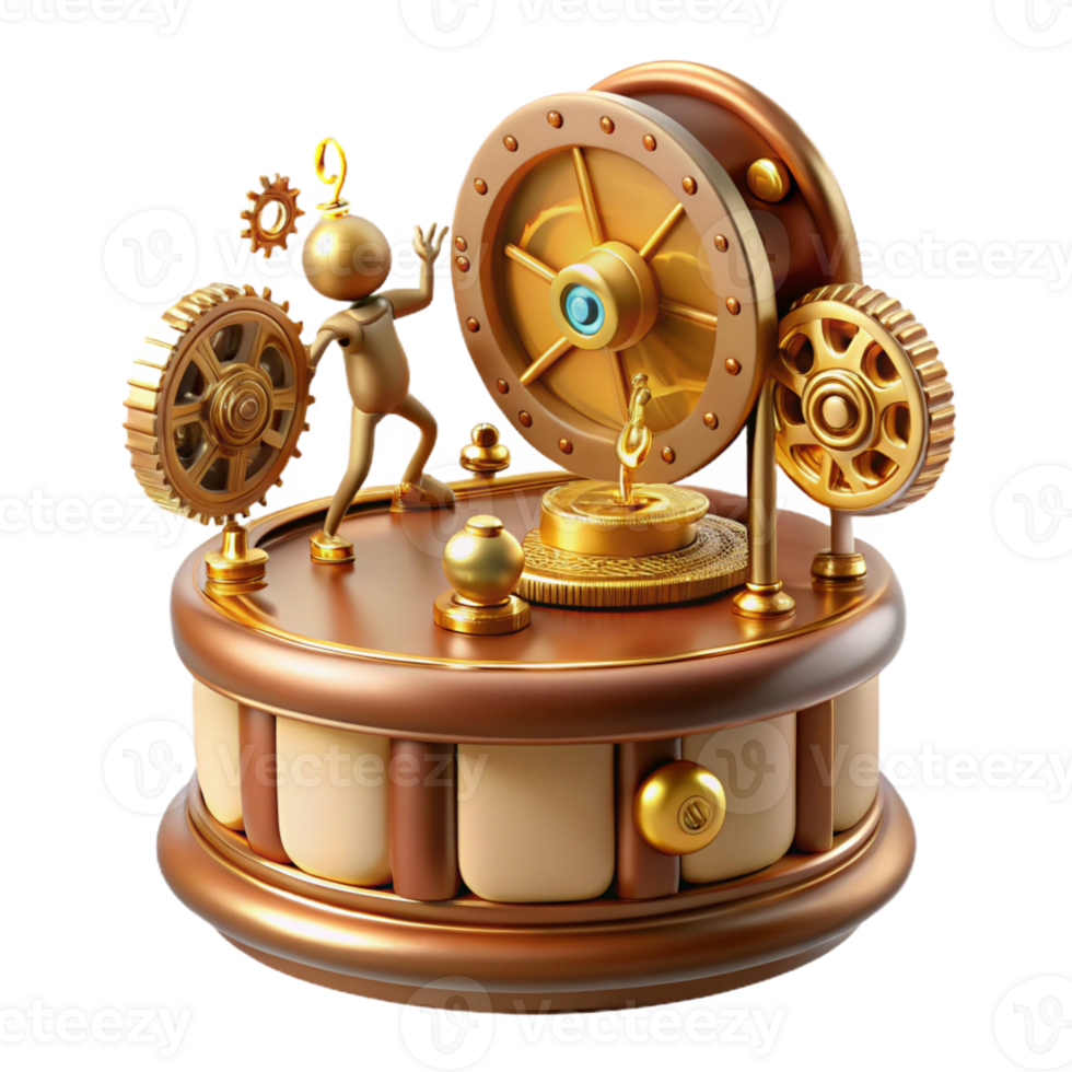 wonderful abstract A close-up of a steampunk music box, intricate gears and tiny figurines moving in a mesmerizing dance, warm, inviting lighting detailed png