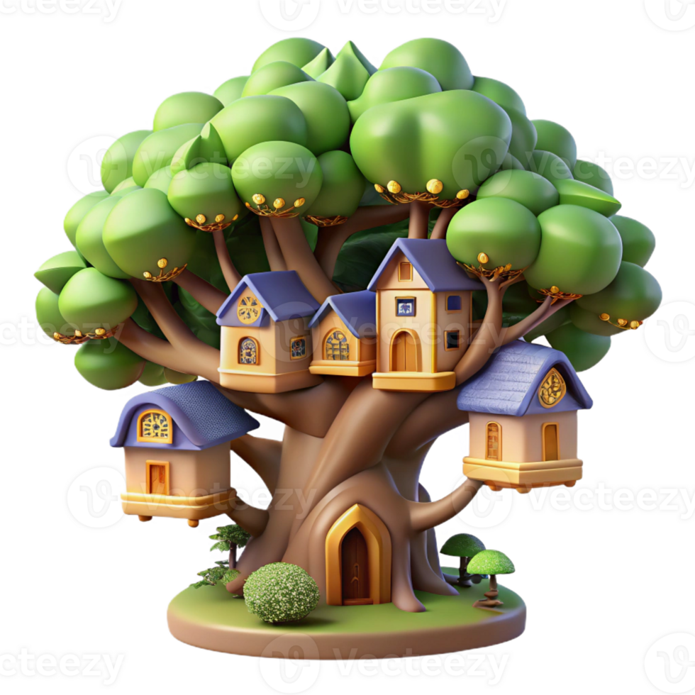 serene contemporary A colossal tree with houses built into its branches, dappled sunlight, magical and whimsical style premium png