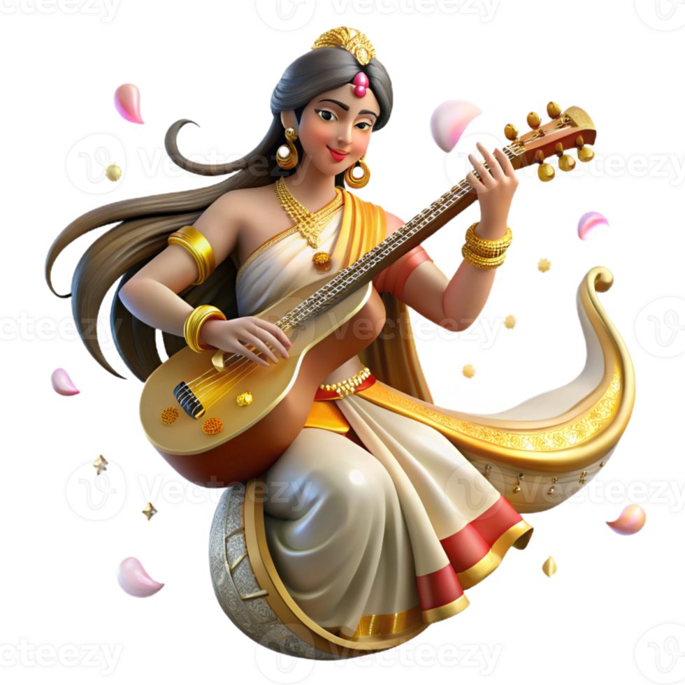 extraordinary abstract A beautiful Hindu goddess Saraswati playing the veena, surrounded by swirling music notes, traditional Indian painting style, soft lighting, authentic png