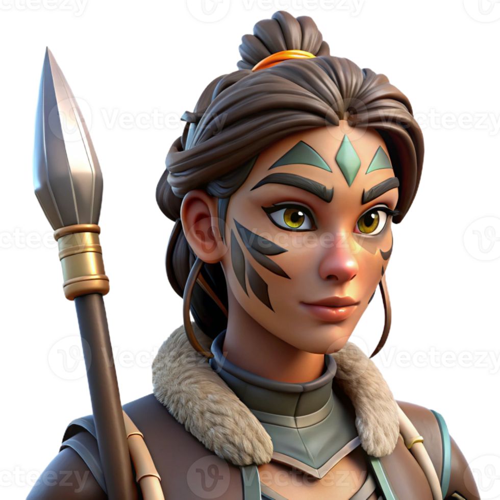 serene minimalist Portrait of a female warrior with tribal face paint, holding a spear, intense gaze, chiaroscuro lighting, realistic style, 4K png