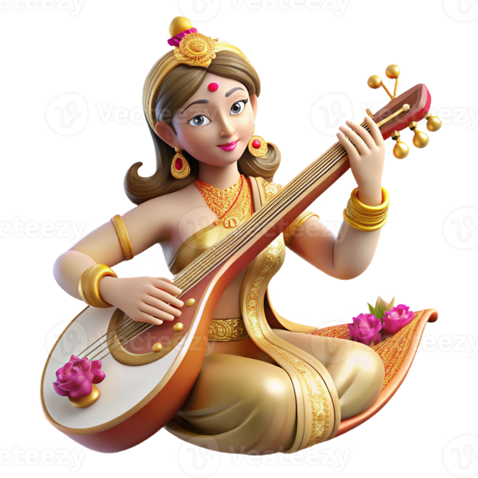 impressive classic A beautiful Hindu goddess Saraswati playing the veena, surrounded by swirling music notes, traditional Indian painting style, soft lighting, exclusive png