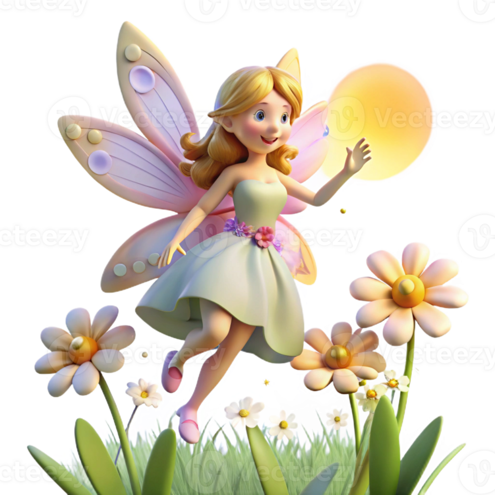 vibrant creative A beautiful fairy fluttering through a field of wildflowers, sunlight streaming through the clouds, whimsical style original png