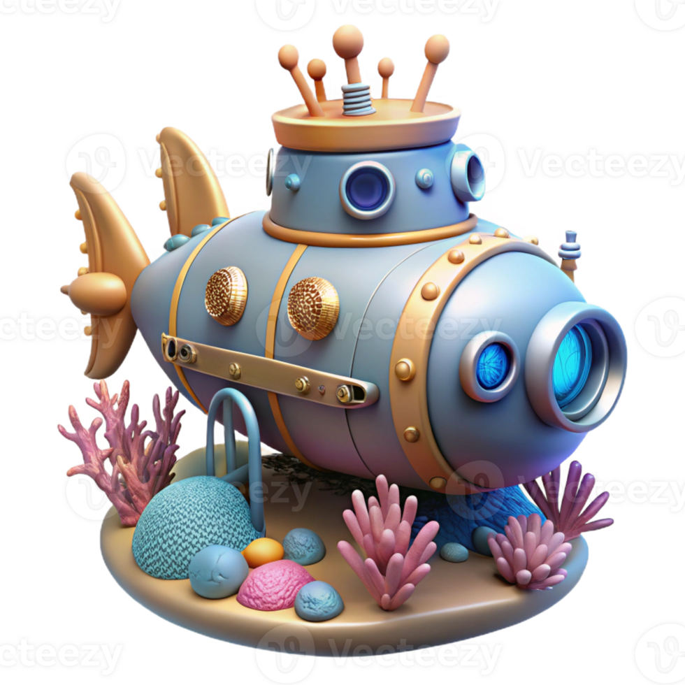 magnificent rustic A steampunk submarine exploring a coral reef filled with bioluminescent creatures, intricate details of rivets and portholes visible, cool, underwater lighting detailed png