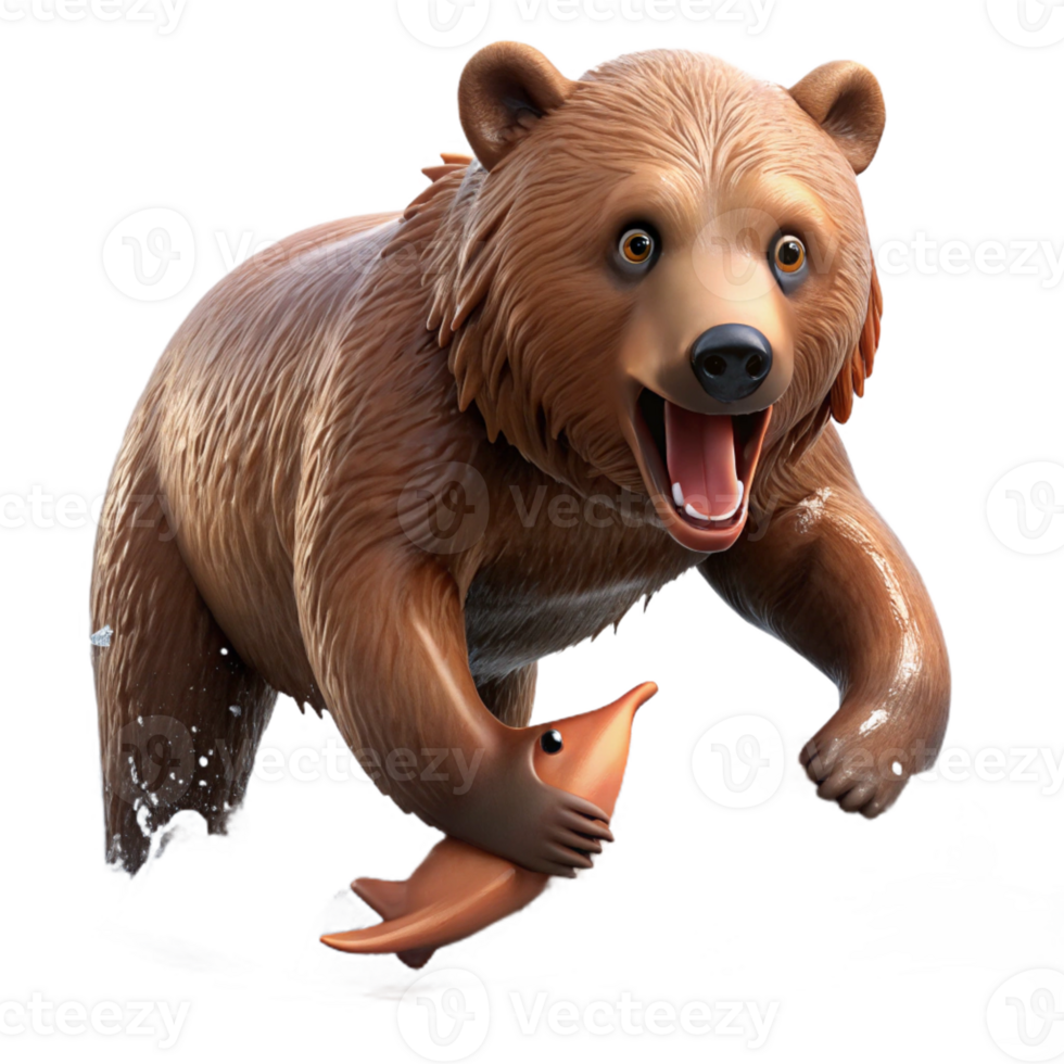 serene artistic A grizzly bear catching a salmon in a rushing river, action shot, natural lighting, wildlife photography style detailed png