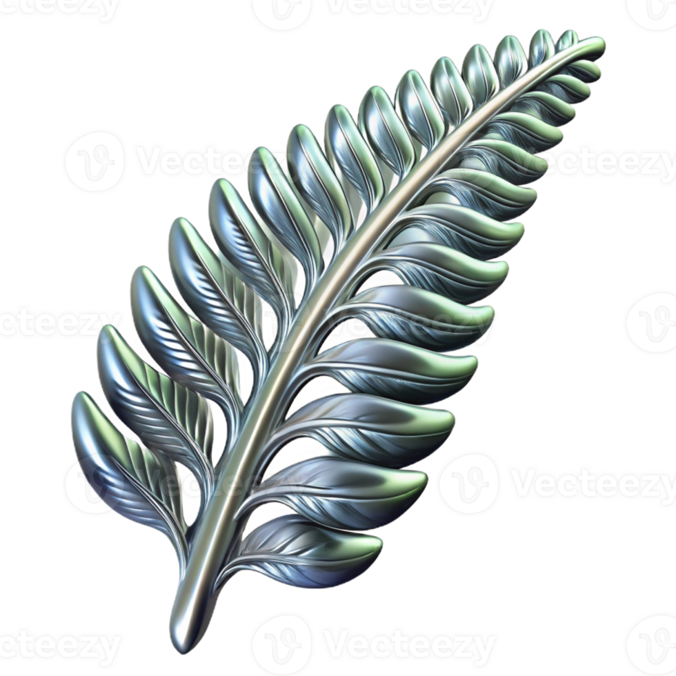stunning vintage A single, unfurling fern frond made of polished chrome, reflecting distorted images of its surroundings, with soft, ambient lighting original png