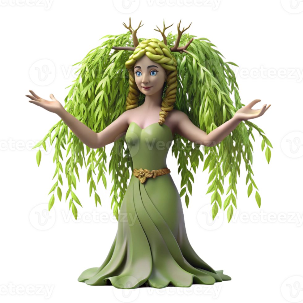 stunning abstract A beautiful dryad emerging from a willow tree, dappled sunlight, art nouveau style professional png