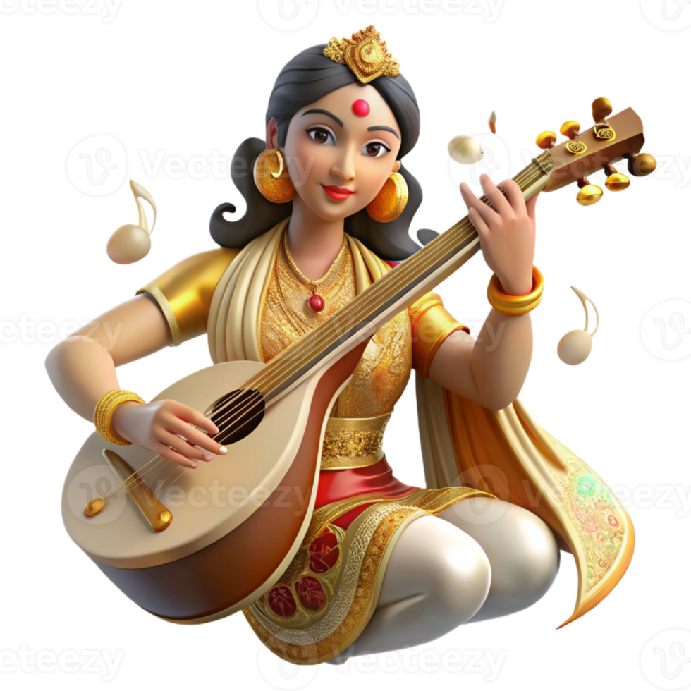 magnificent classic A beautiful Hindu goddess Saraswati playing the veena, surrounded by swirling music notes, traditional Indian painting style, soft lighting, exclusive png