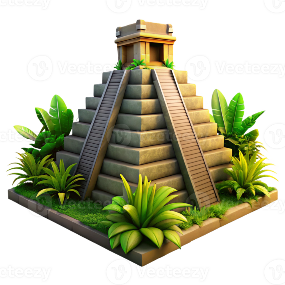 stunning artistic An ancient Mayan pyramid, overgrown with jungle vegetation, dramatic sunset lighting, realistic rendering high quality png