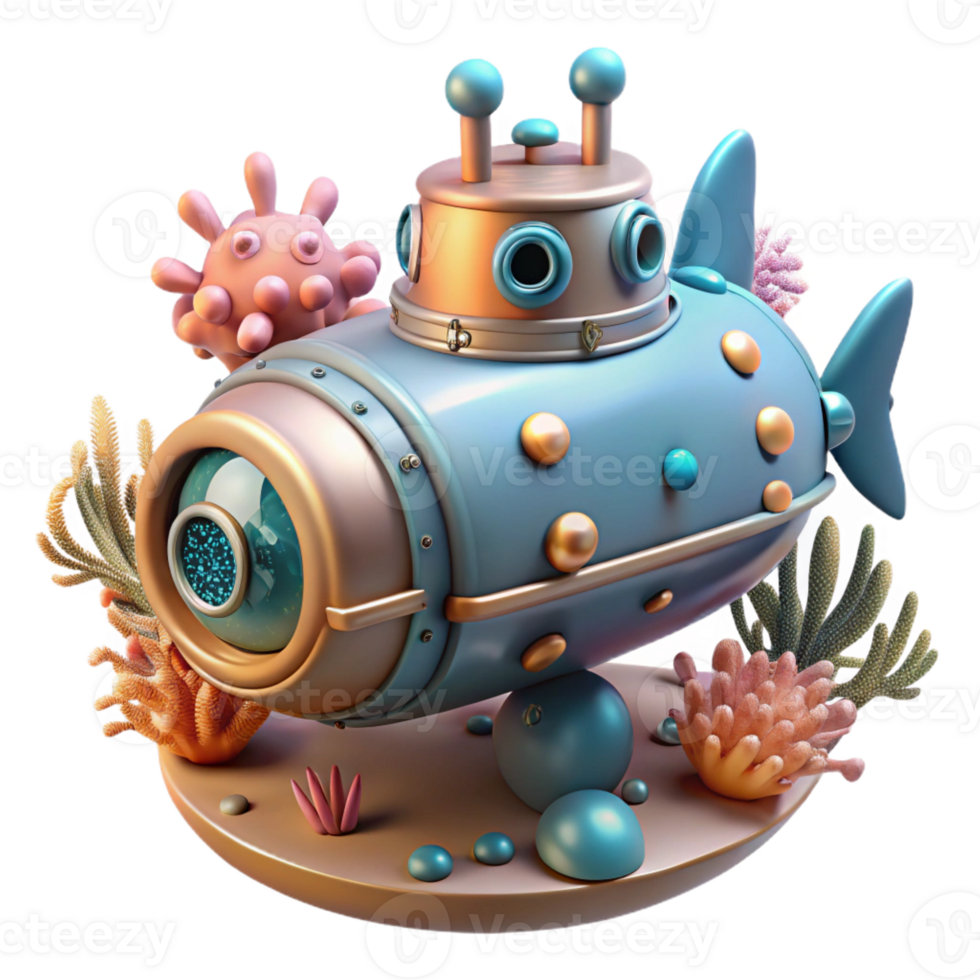 extraordinary minimalist A steampunk submarine exploring a coral reef filled with bioluminescent creatures, intricate details of rivets and portholes visible, cool, underwater lighting original png