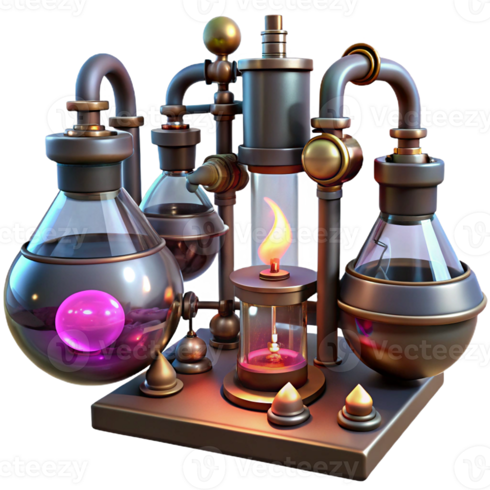 extraordinary modern A steampunk laboratory, filled with bubbling beakers and strange devices, illuminated by the flickering light of gas lamps. Moody lighting, science fiction style 4K png