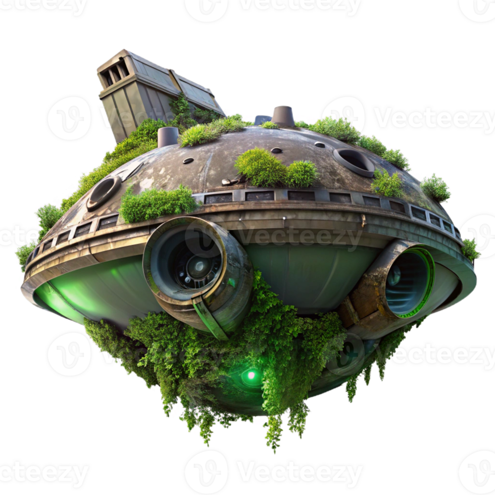 vibrant vintage A colossal, derelict spaceship overgrown with alien vegetation, dim, ethereal lighting, hyperrealistic style genuine png