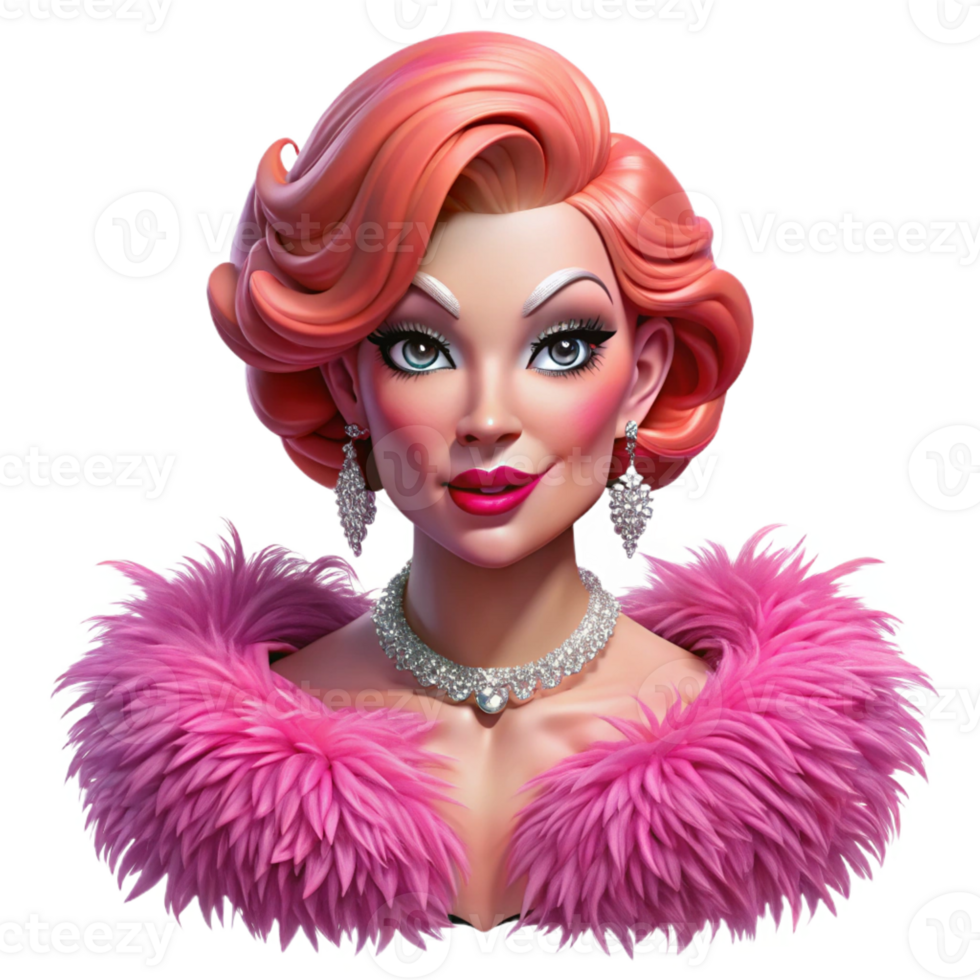 stunning rustic Portrait of a glamorous drag queen with extravagant makeup and a feather boa, vibrant stage lighting, pop art style, authentic png