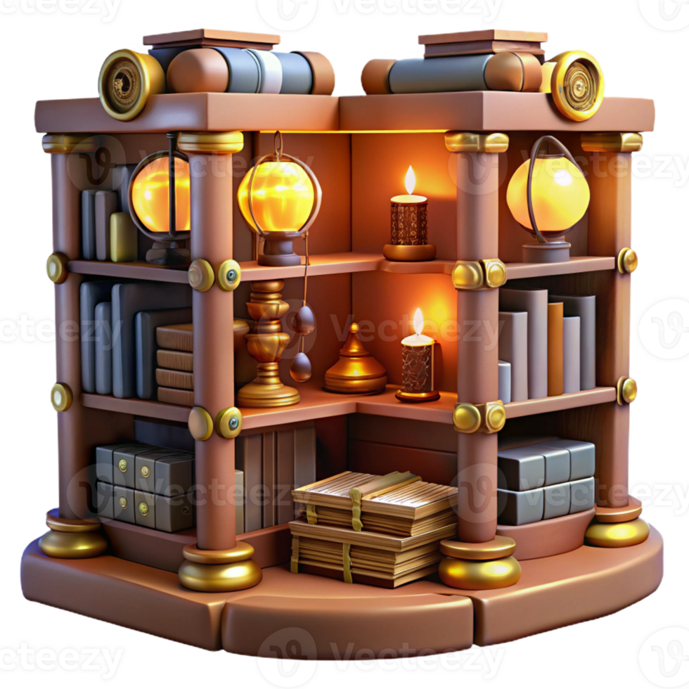 stunning creative A steampunk library, with shelves filled with leather-bound books and glowing orbs, illuminated by the soft light of gas lamps. Warm lighting, Victorian style professional png