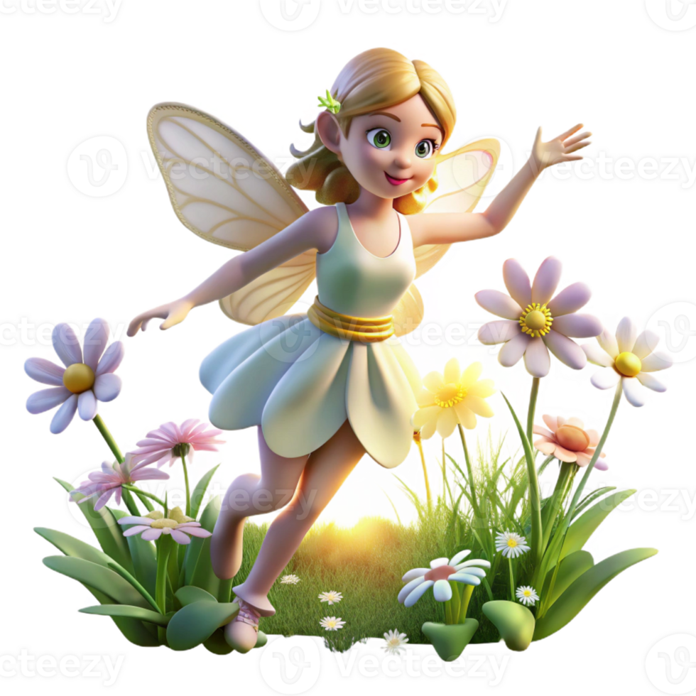 impressive rustic A beautiful fairy fluttering through a field of wildflowers, sunlight streaming through the clouds, whimsical style premium png
