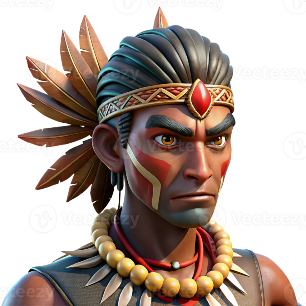 wonderful classic Portrait of a tribal warrior adorned with vibrant face paint and feathers, dappled sunlight filtering through a forest canopy, National Geographic style original png