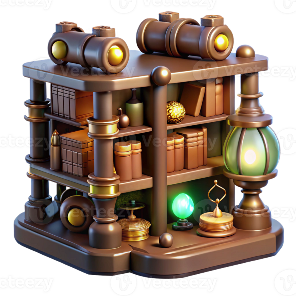 stunning abstract A steampunk library, with shelves filled with leather-bound books and glowing orbs, illuminated by the soft light of gas lamps. Warm lighting, Victorian style professional png