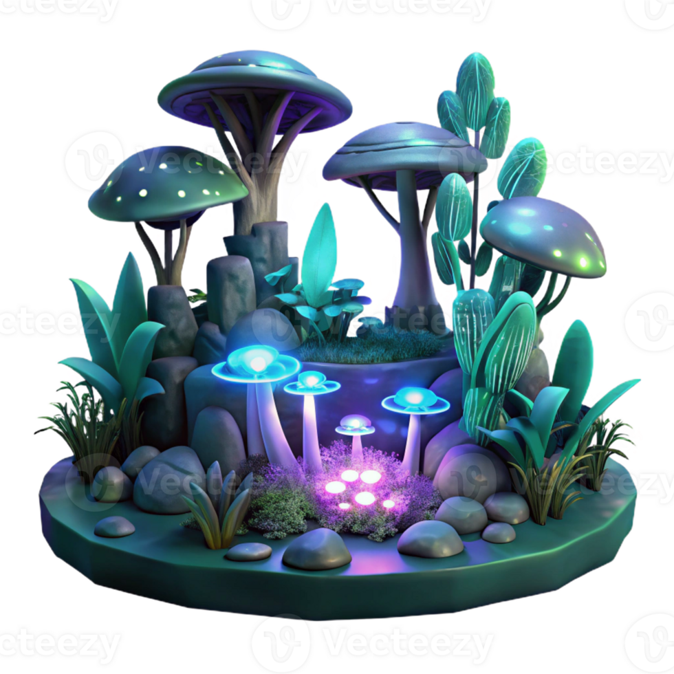 dramatic abstract A bioluminescent alien forest, glowing flora and fauna, dark, moody lighting, art nouveau style professional png