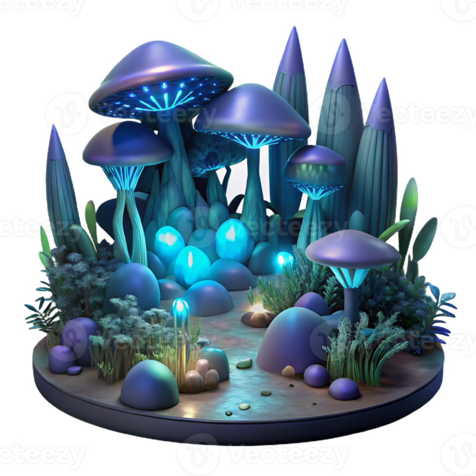 stunning classic A bioluminescent alien forest, glowing flora and fauna, dark, moody lighting, art nouveau style original png