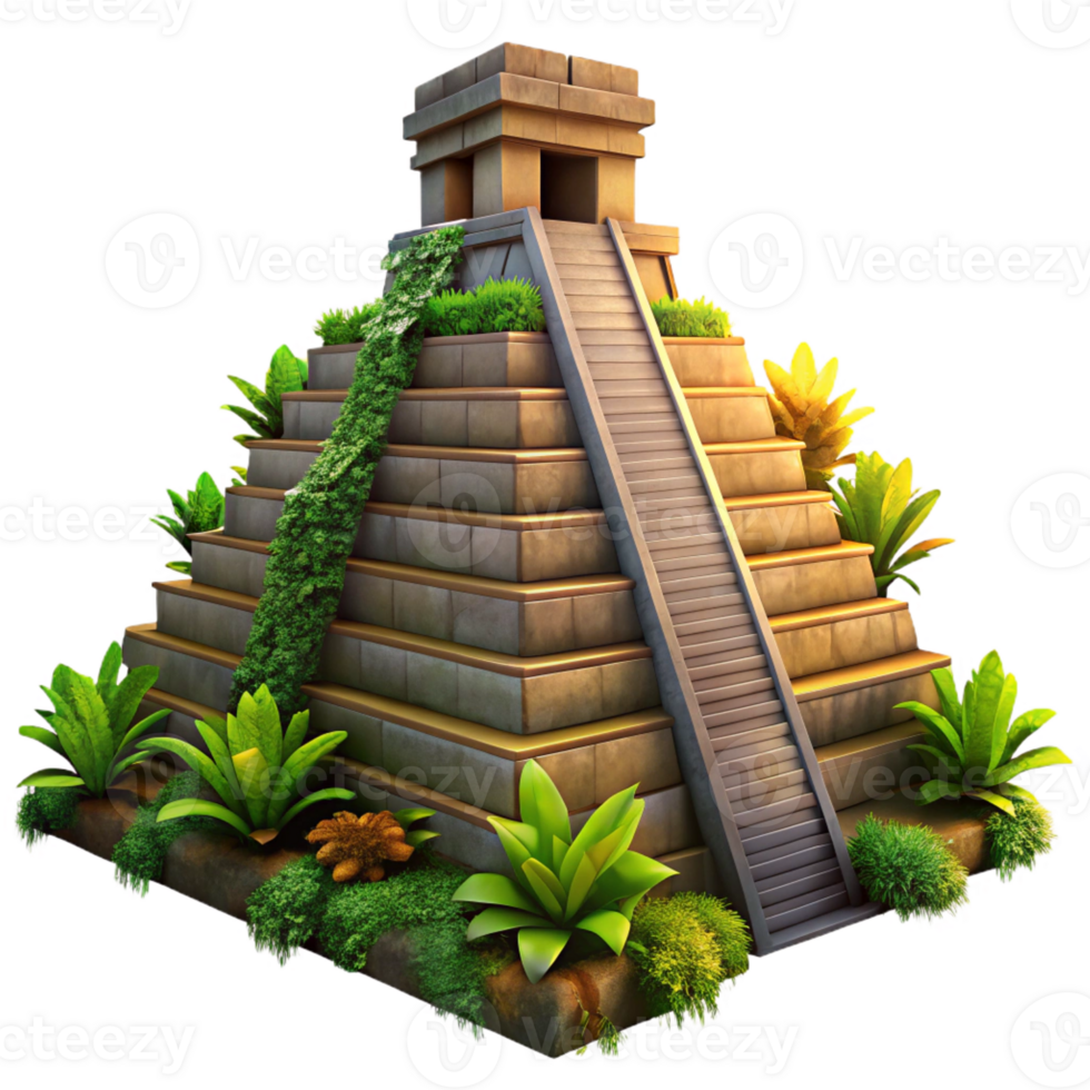serene creative An ancient Mayan pyramid, overgrown with jungle vegetation, dramatic sunset lighting, realistic rendering authentic png