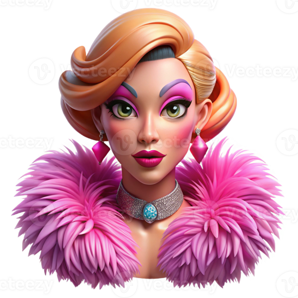 vibrant artistic Portrait of a glamorous drag queen with extravagant makeup and a feather boa, vibrant stage lighting, pop art style, genuine png