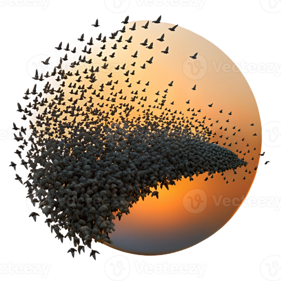 impressive classic A flock of starlings forming a murmuration in the sky, sunset lighting, silhouette style, professional png