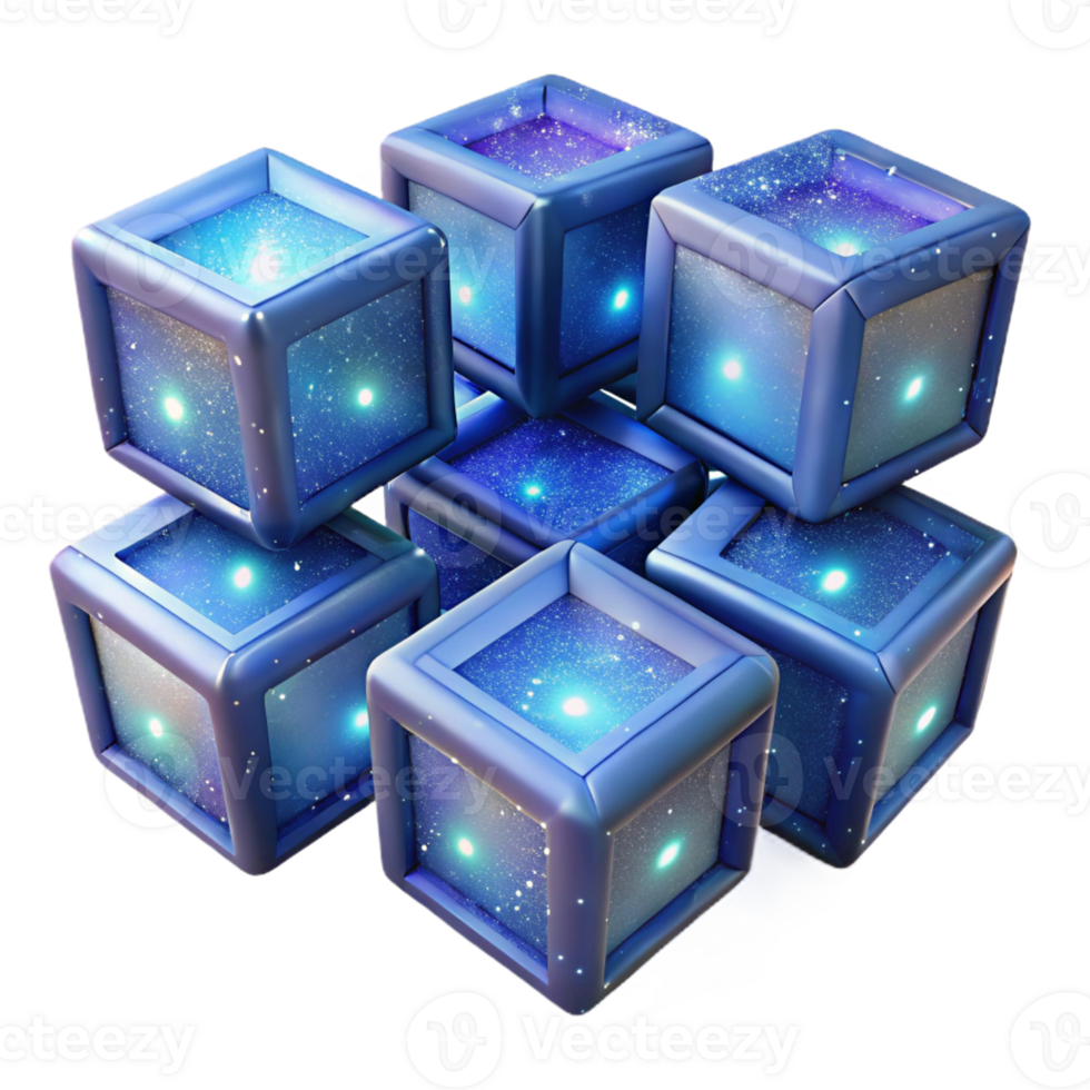 wonderful creative A field of floating, translucent cubes, each containing a miniature galaxy, illuminated by the light of the galaxies within premium png