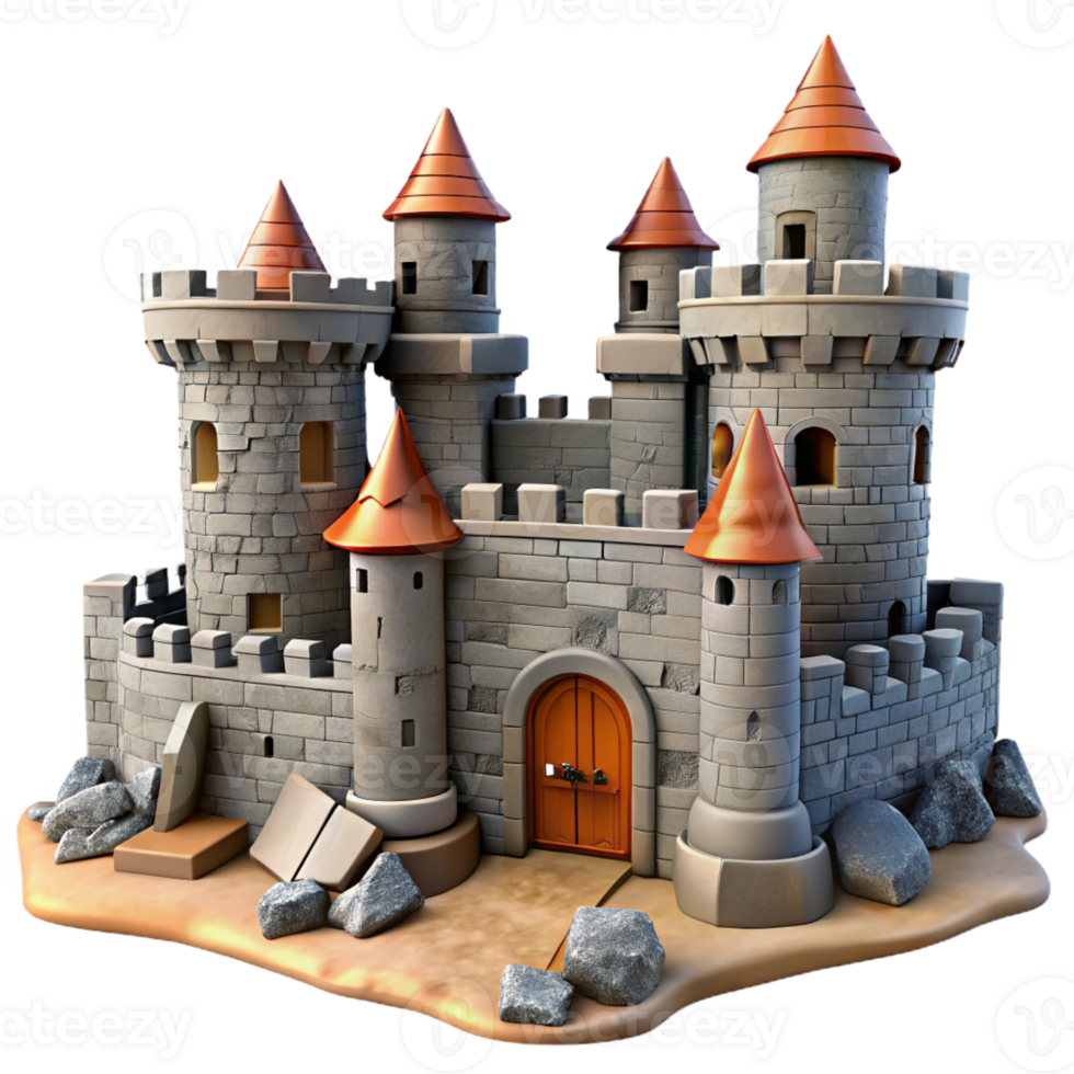 dramatic creative A crumbling medieval castle, stone walls and towers, overcast sky, historical and dramatic style premium png