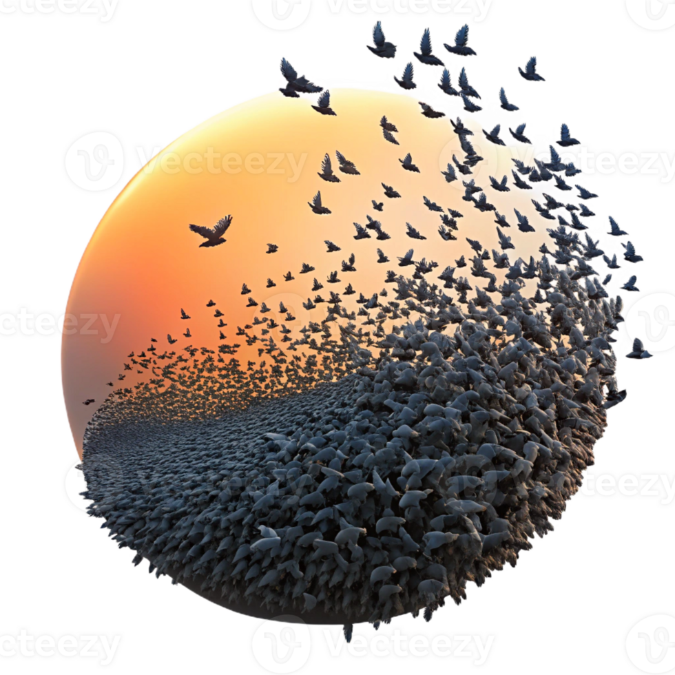 stunning classic A flock of starlings forming a murmuration in the sky, sunset lighting, silhouette style, detailed png