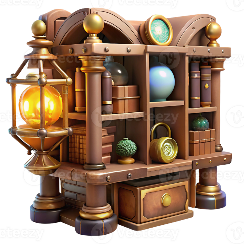 impressive traditional A steampunk library, with shelves filled with leather-bound books and glowing orbs, illuminated by the soft light of gas lamps. Warm lighting, Victorian style detailed png