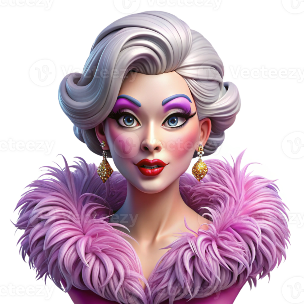 beautiful vintage Portrait of a glamorous drag queen with extravagant makeup and a feather boa, vibrant stage lighting, pop art style, genuine png
